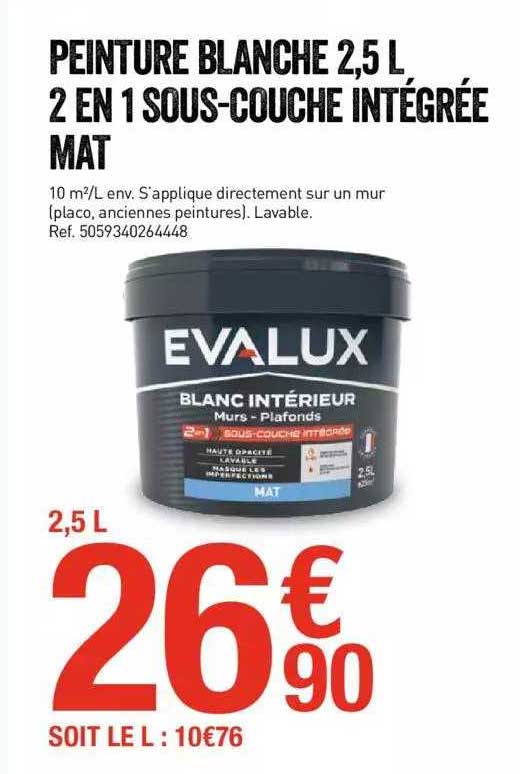peinture blanche 2,5 l, 2 en 1 sous-couche intégrée mat evalux