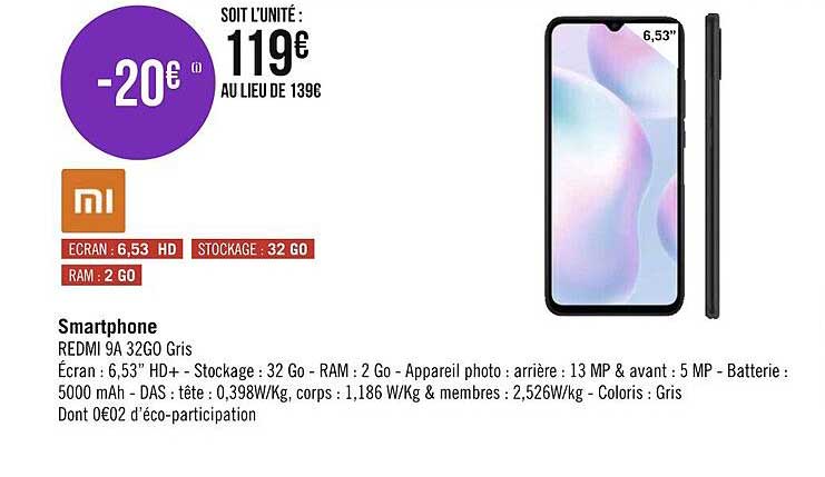 smartphone redmi 9a 32go gris xiaomi