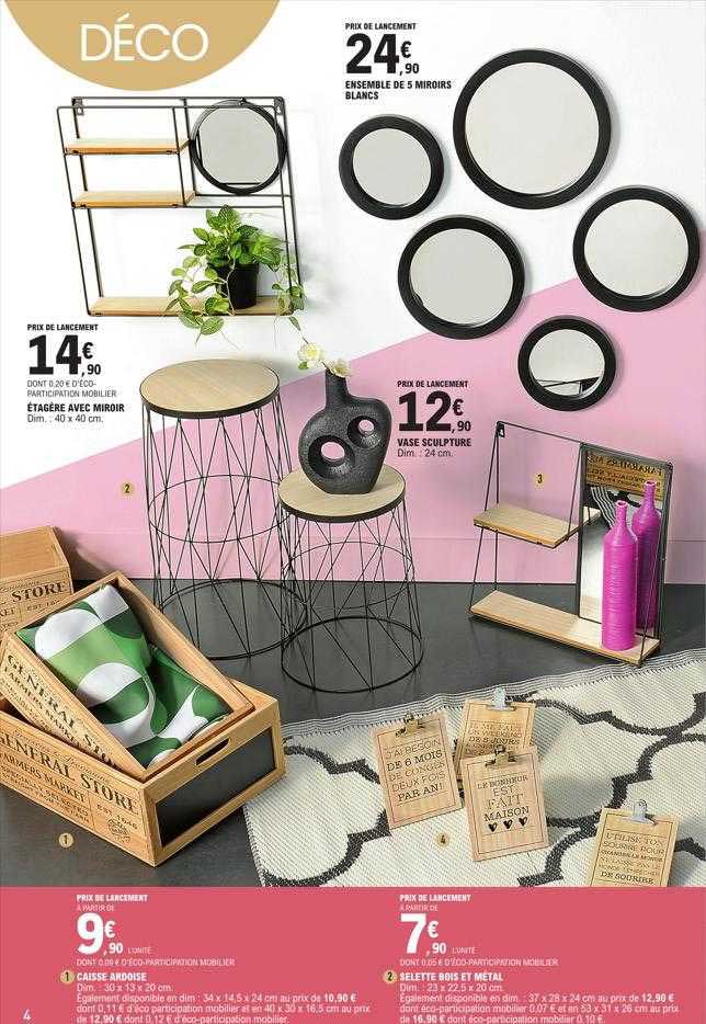 étagère avec miroir, ensemble de 5 miroirs blancs, vase sculpture, caisse ardoise, sellette bois et métal