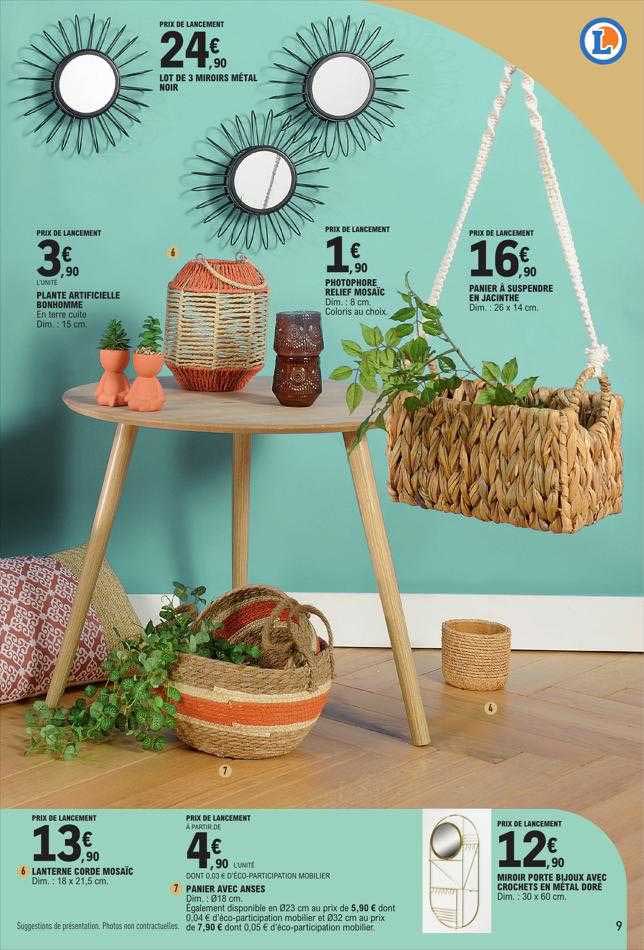 lot de 3 miroirs métal noir, plante artificielle bonhomme, photophore relief mosaïc, panier à suspendre en jacinthe, lanterne corde mosaïc, panier avec anses, miroir porte bijoux avec crochets