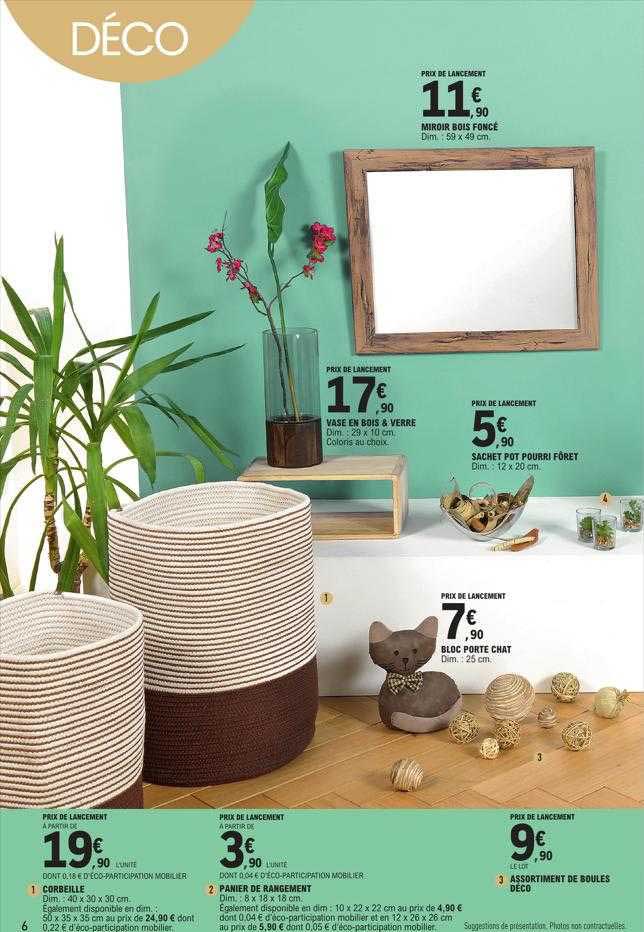 miroir bois foncé, vase en bois & verre, sachet pot pourri forêt, bloc porte chat, corbeille, panier de rangement, assortiment de boules déco