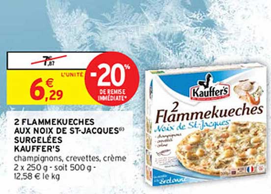 2 flammekueches aux noix de st-jacques surgelées kauffer's