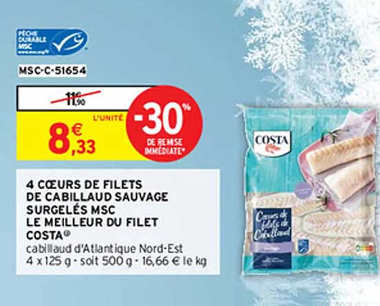4 cœurs de filets de cabillaud sauvage surgelés msc le meilleur du filet costa