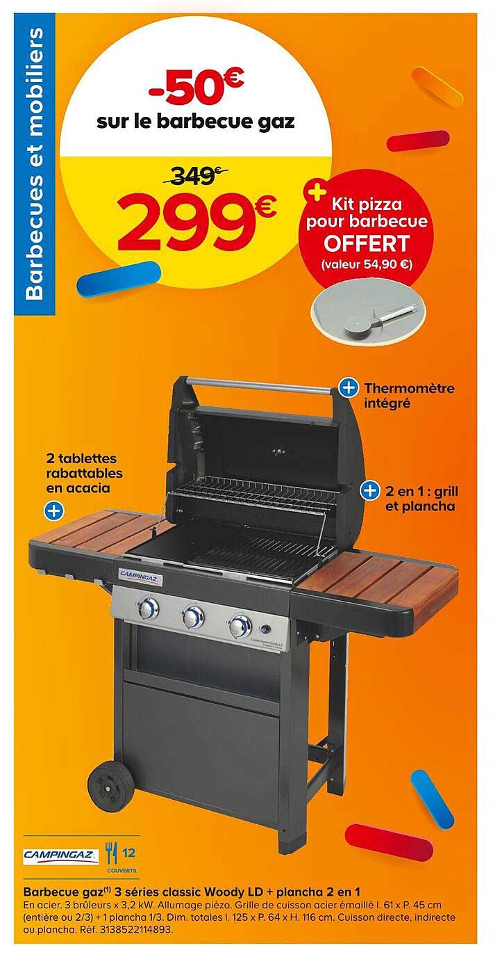 barbecue gaz 3 séries classic woody ld + plancha 2 en 1 campingaz