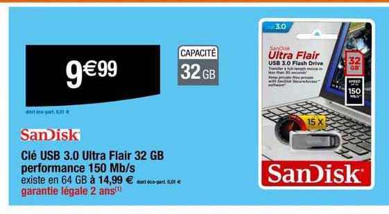 clé usb 3.0 ultra flair 32 gb performance 150 mb/s sanDisk