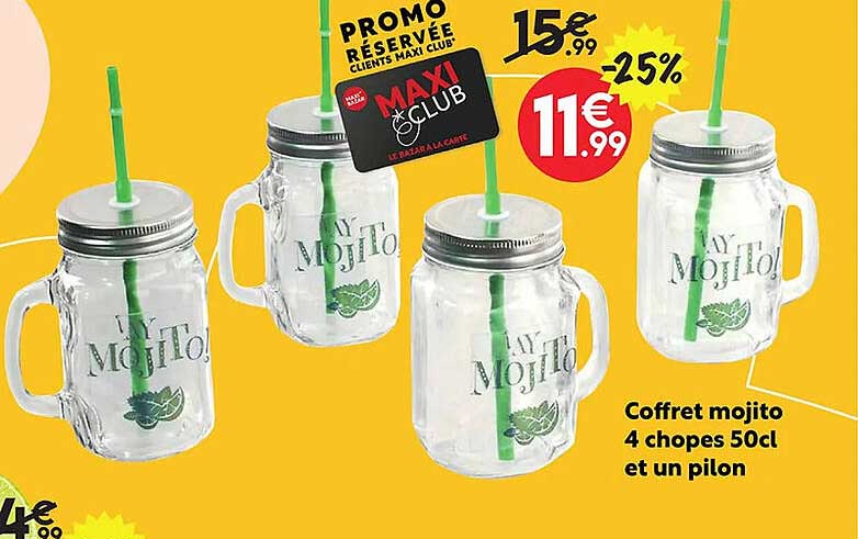 coffret mojito 4 chopes 50 cl et un pilon