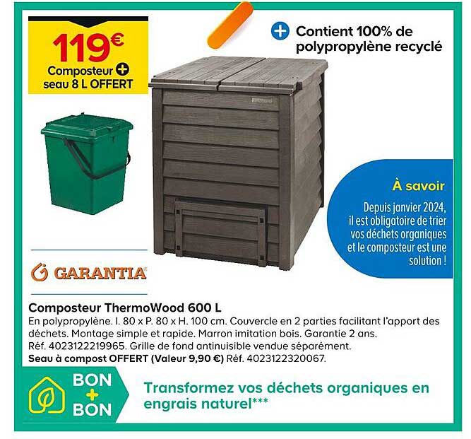 composteur thermo wood 600 l + seau 8 l offert garantia