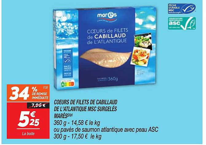cœurs de filets de cabillaud de l'atlantique msc surgelés marès