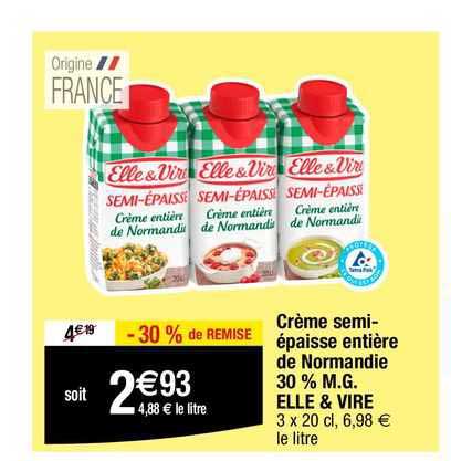crème semi-épaisse entière de normandie 30% m.g. elle & vire