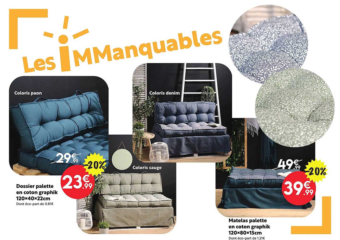 dossier palette en coton graphik 120 x 40 x 22 cm, matelas palette en coton graphik 120 x 80 x 15 cm