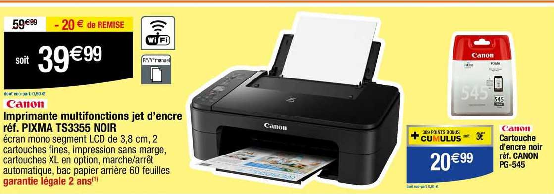 imprimante multifonctions jet d'encre pixma ts3355 noir canon, cartouche d'encre noir canon pg-545