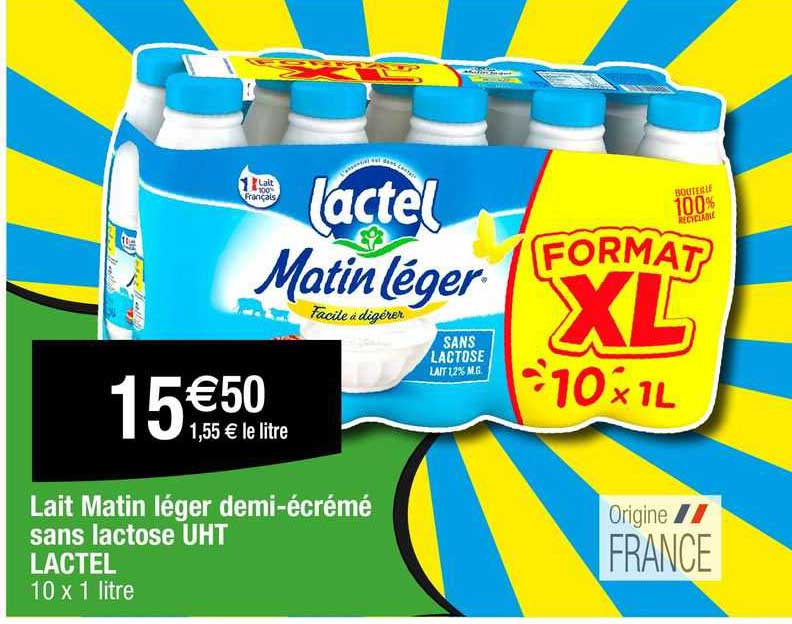 lait matin léger demi-écrémé sans lactose uht lactel