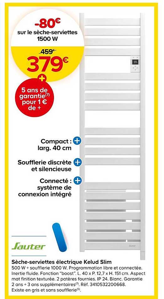 le sèche-serviettes électrique kelud slim 1500 w sauter