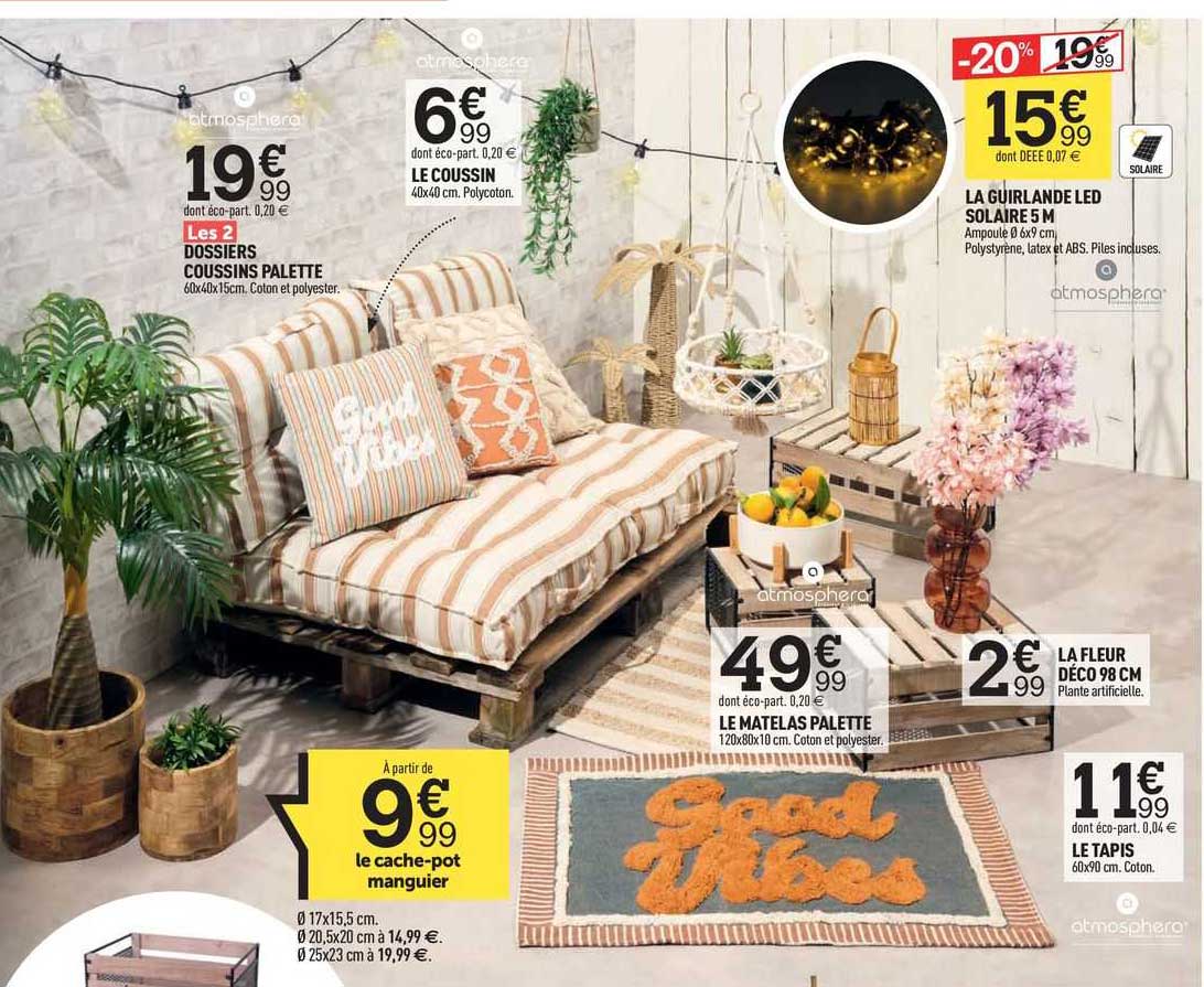 les 2 dossiers coussins palette, le coussin, le cache-pot manguier, le matelas palette, la guirlande led solaire 5 m, la fleur déco 98 cm, le tapis