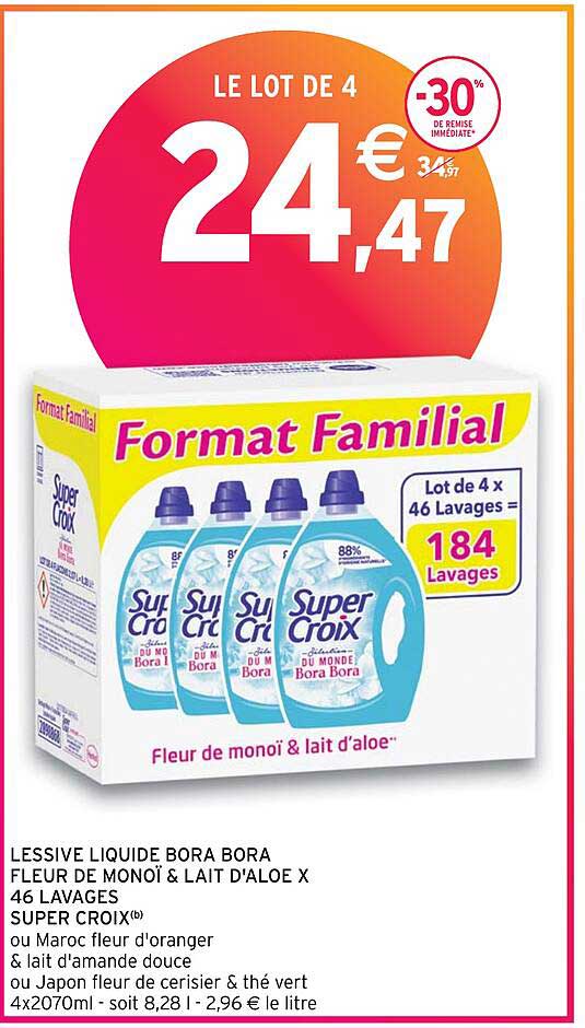 lessive liquide bora bora fleur de monoï & lait d'aloe x46 lavages super croix