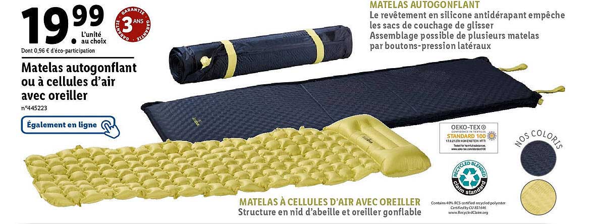 matelas autogonflant ou à cellules d'air avec oreiller
