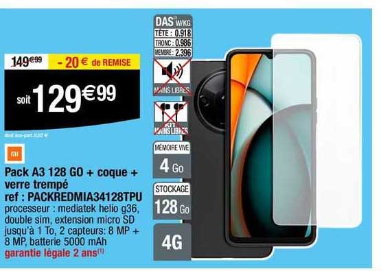 pack a3 128 go + coque + verre trempé xiaomi
