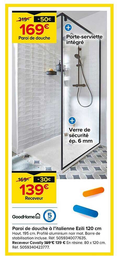 paroi de douche à l'italienne ezili 120 cm goodHome