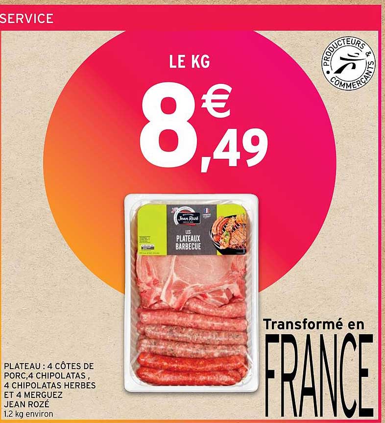 plateau : 4 côtes de porc, 4 chipolatas, 4 chipolatas herbes et 4 merguez jean rozé