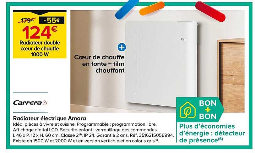 radiateur électrique amara double coeur de chauffe 1000 w carrera