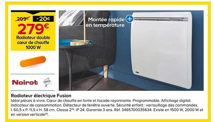 radiateur électrique fusion double cœur de chauffe 1000 w noirot