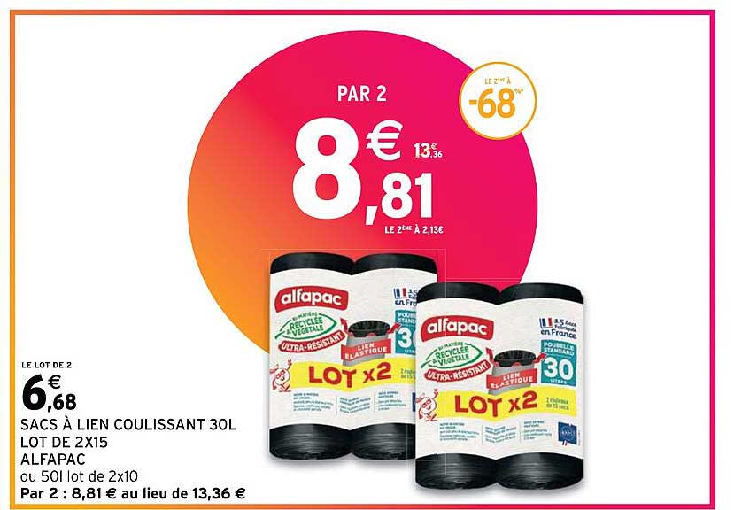 sacs à lien coulissant 30 l lot de 2 x 15 alfapac