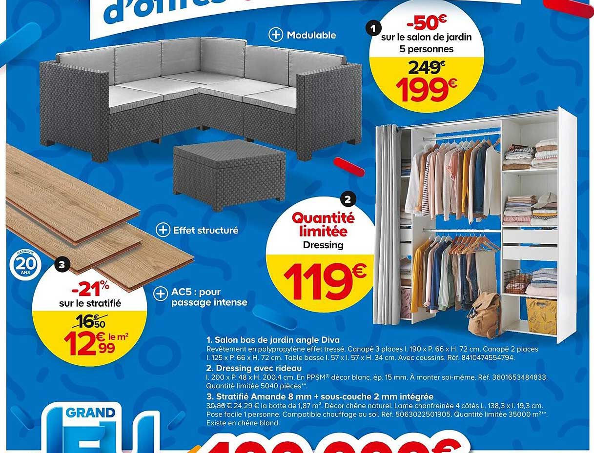 salon bas de jardin angle diva, dressing avec rideau, stratifié amande 8 mm + sous-couche 2 mm intégrée