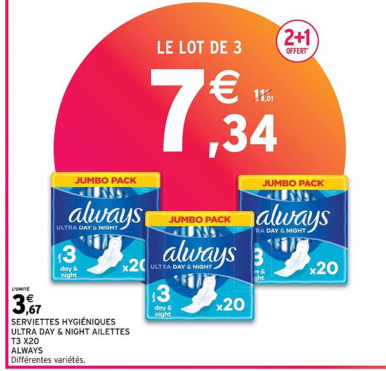 serviettes hygiéniques ultra day & night ailettes t3 x20 always