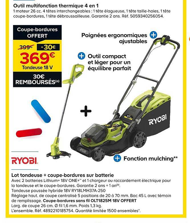 tondeuse 18 v + coupe-bordures sur batterie ryobi