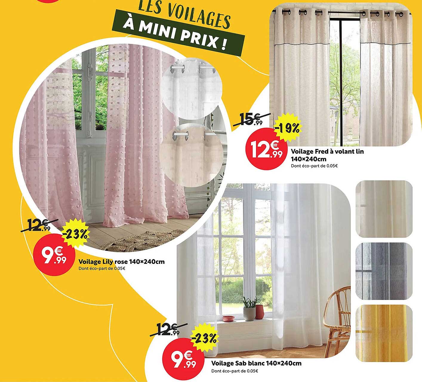 voilage lily rose 140 x 240 cm, voilage fred à volant lin 140 x 240 cm, voilage sab blanc 140 x 240 cm