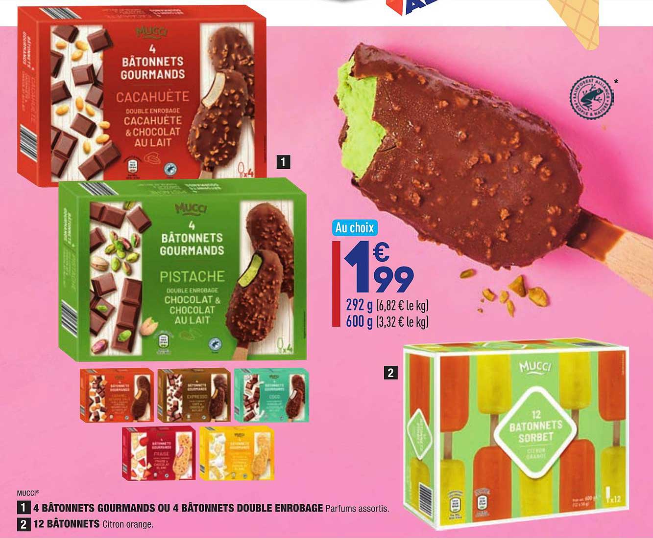 4 bâtonnets gourmands ou 4 bâtonnets double enrobage, 12 bâtonnets mucci