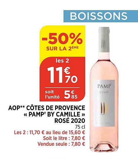 aop côtes de provence "pamp' by camille" rosé 2020 -50% sur la 2ème