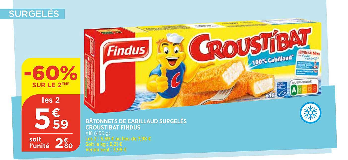 Bâtonnets De Cabillaud Surgelés Croustibat Findus -60% Sur Le 2ème