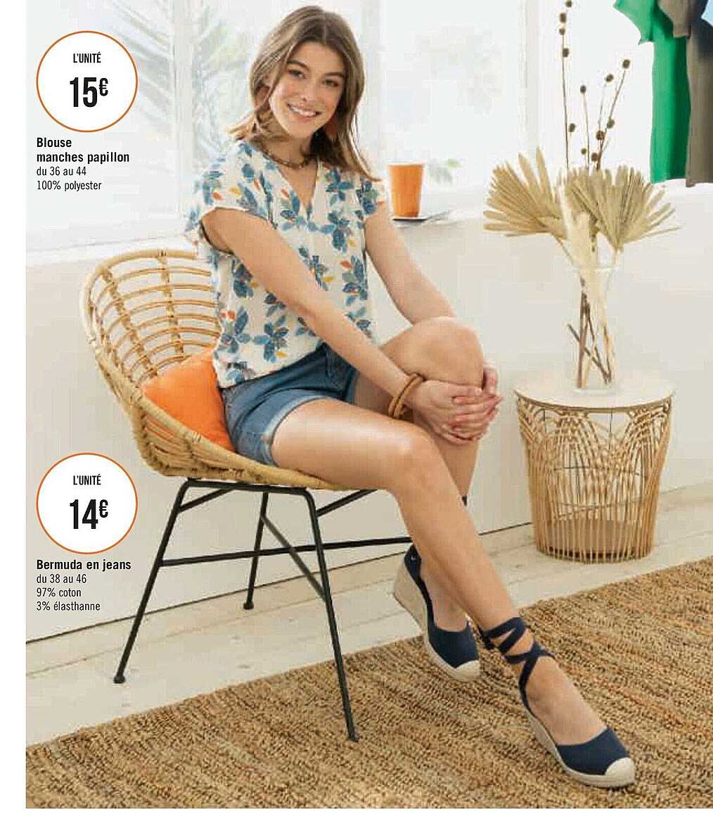 blouse manches papillon, bermuda en jeans