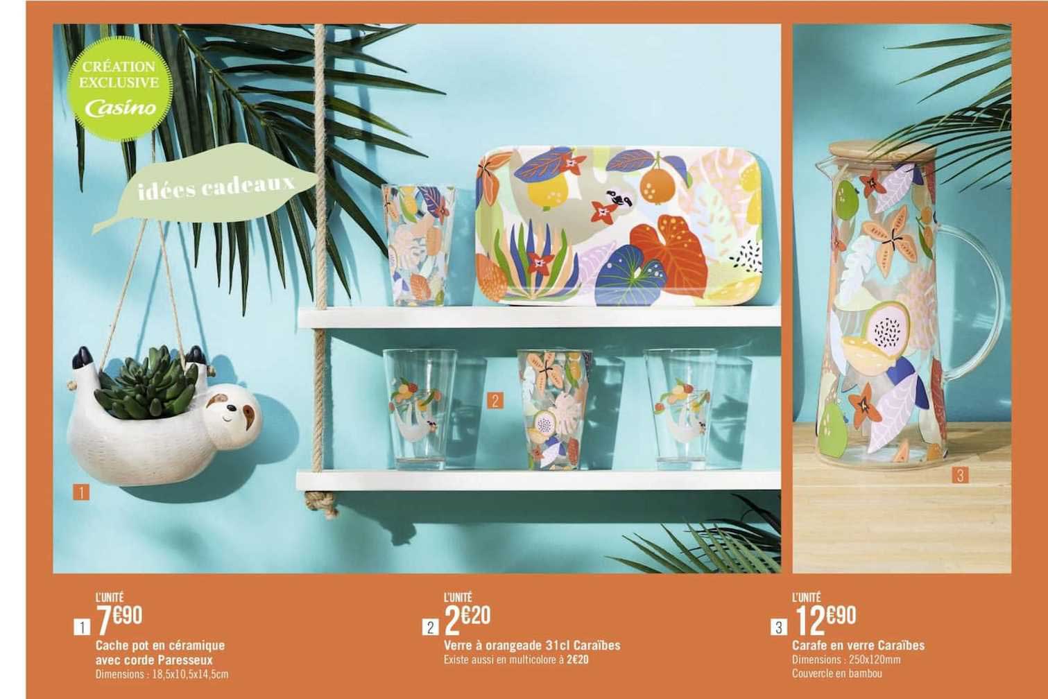 cache pot en céramique avec corde paresseux, verre à orangeade 31 cl caraïbes, carafe en verre caraïbes