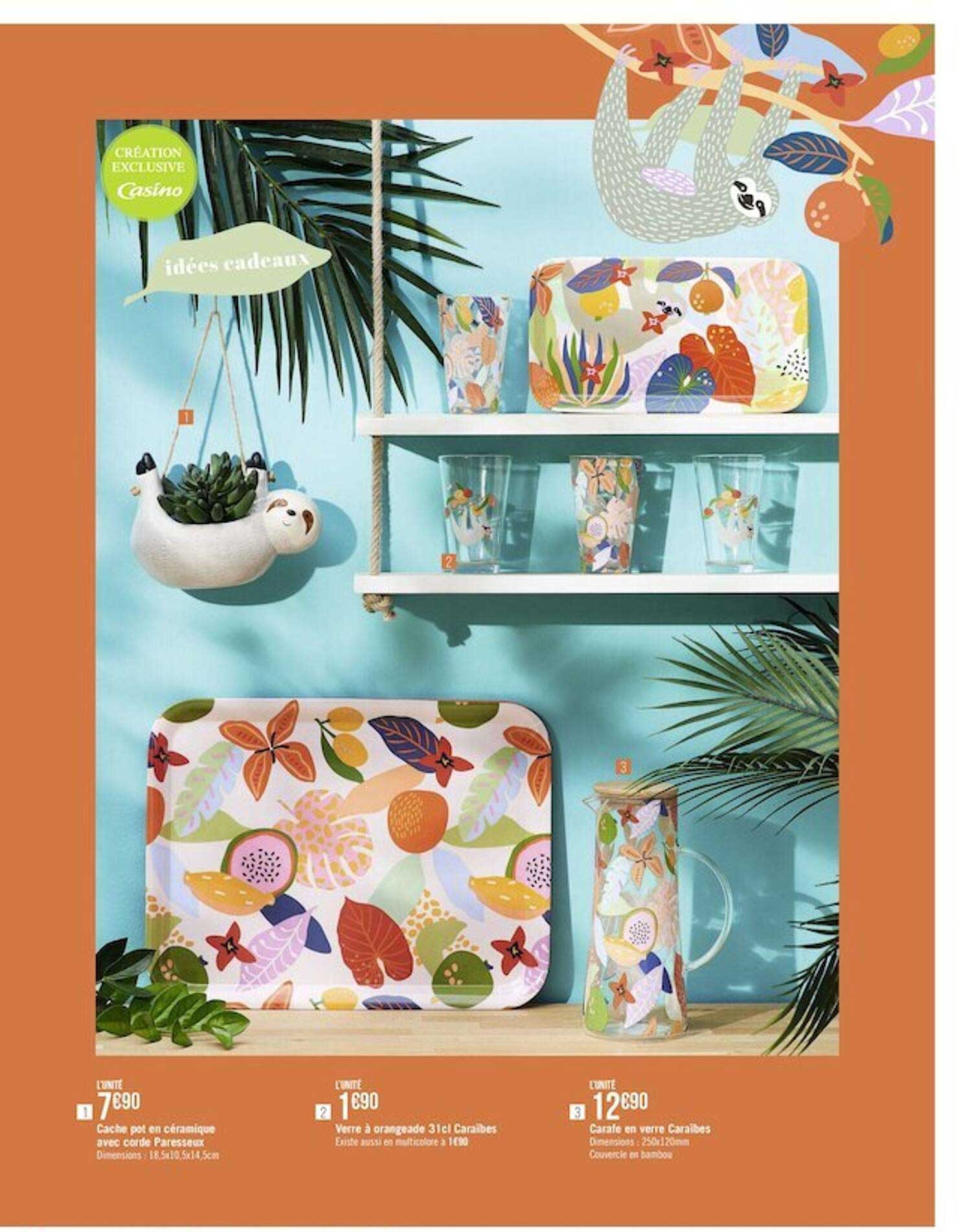 cache pot en céramique avec corde paresseux, verre à orangeado 31cl caraïbes, carafe en verre caraïbes