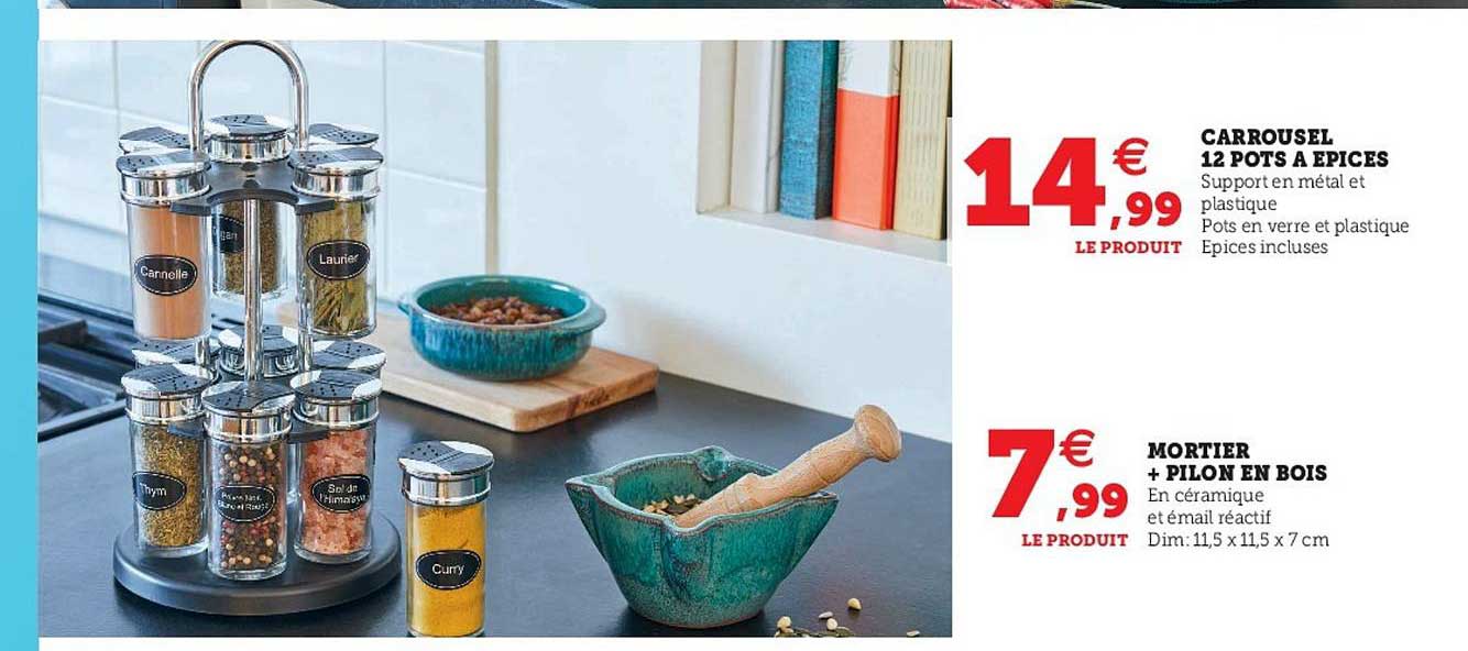 carrousel 12 pots à épices, mortier + pilon en bois