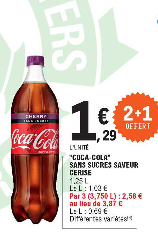 coca-cola sans sucres saveur cerise 2+1 offert