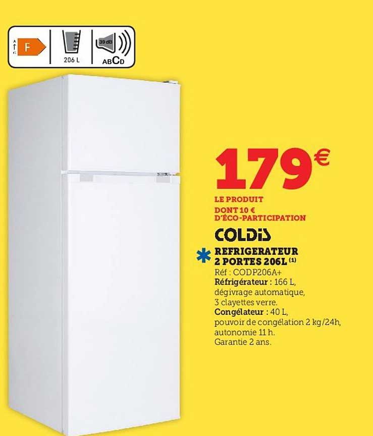 coldis réfrigérateur 2 portes 206l