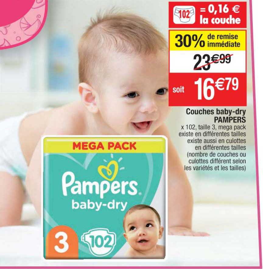 couches baby-dry pampers 30% de remise immédiate