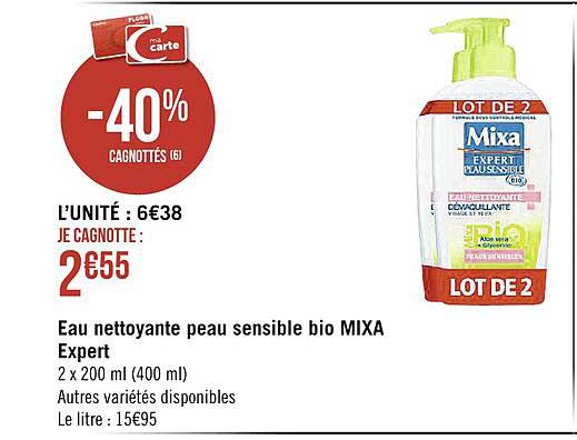 Eau nettoyante peau sensible bio Mixa Expert