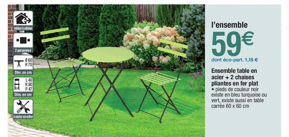 ensemble table en acier + 2 chaises pliantes en fer plat