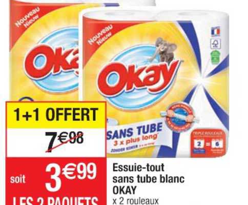 essuie-tout sans tube blanc okay 1+1 offert