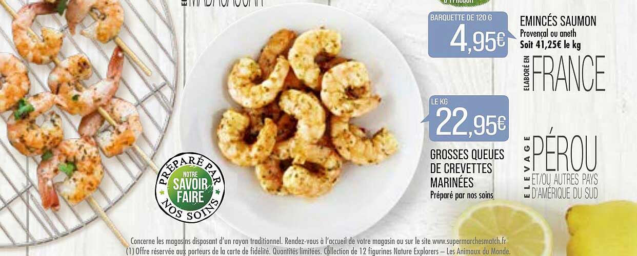 grosses queues de crevettes marinées, émincés saumon