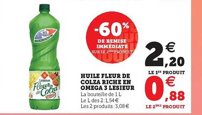 huile fleur de colza riche en omega 3 lesieur -60% de remise immédiate sur le 2ème produit au choix