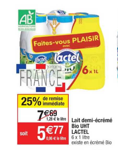 lait demi-écrémé bio uht lactel 25% de remise immédiate