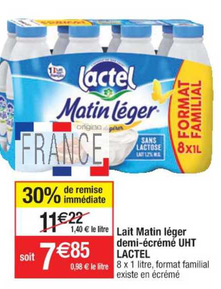 lait matin léger demi-écrémé uht lactel 30% de remise immédiate