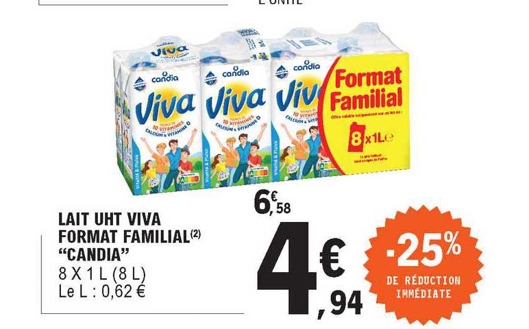 Lait Uht Viva Format Familial Candia -25% De Réduction Immédiate