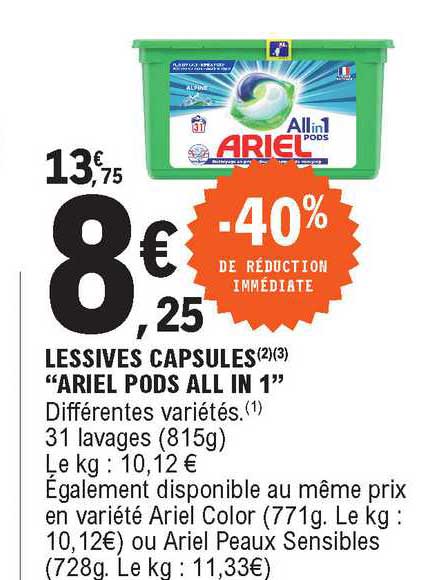 lessives capsules ariel pods all in 1 -40% de réduction immédiate