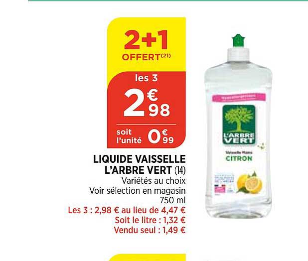 liquide vaisselle l'arbre vert 2+1 offert
